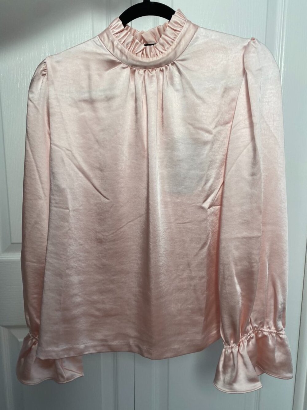 Cynthia Rowly Light Pink Ruffle Neck, Bell Sleeve Blouse